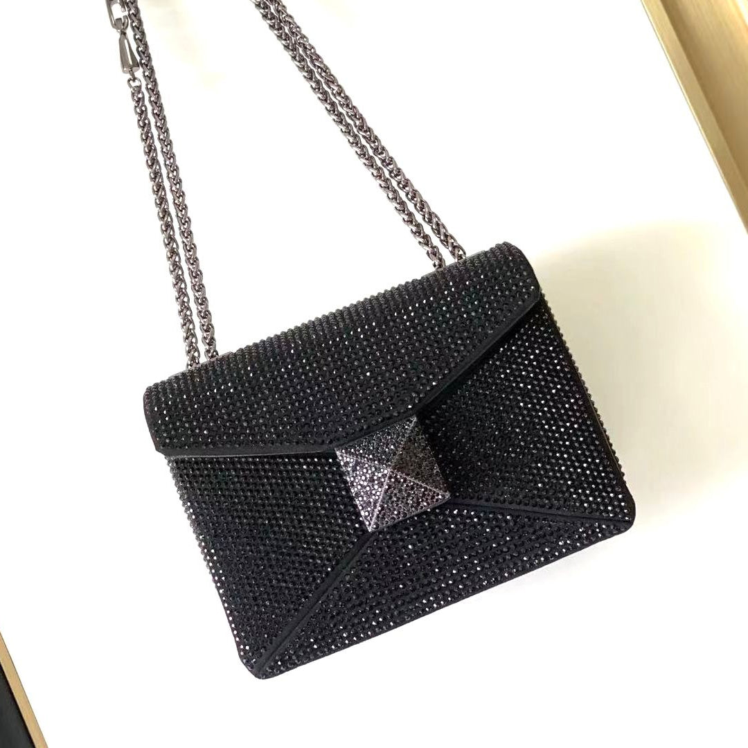 One Stud Crystal Embellished Leather Bag