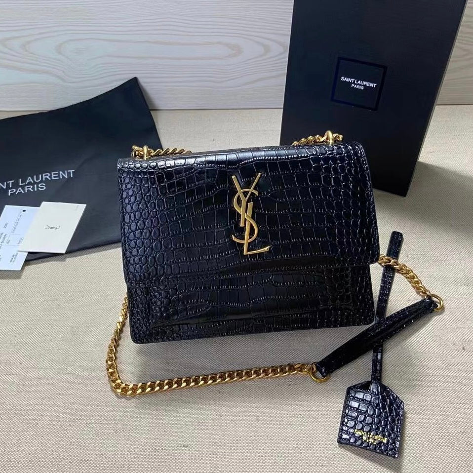 Black Croc Embossed Sunset Medium Chain Bag