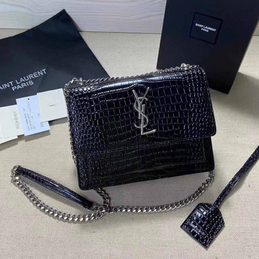 Black Croc Embossed Sunset Medium Chain Bag